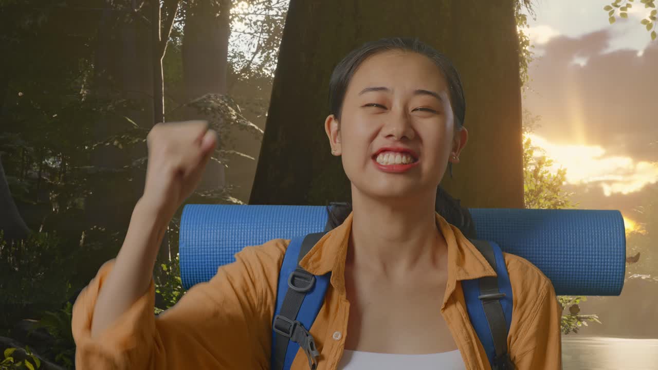 Close Up Of Asian Female Hiker With Mountaineering Backpack Screaming Goal Celebrating The Success While Exploring Forest Nature