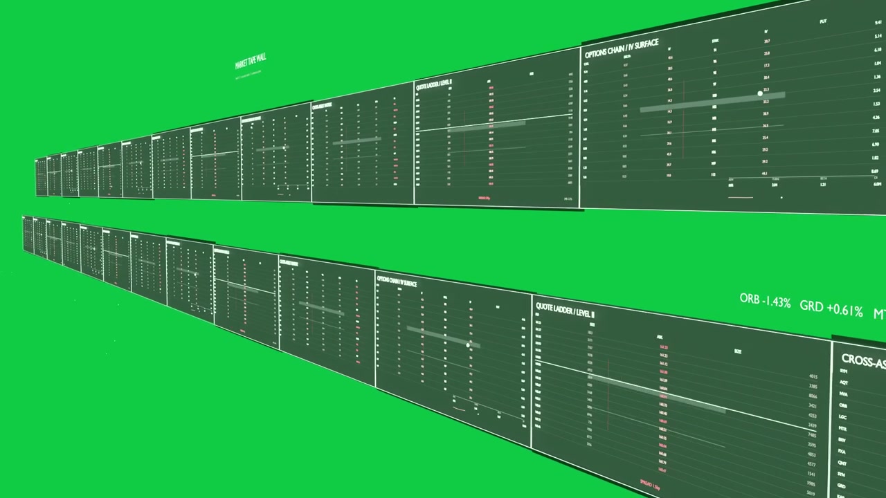 Panoramica diagonale della telecamera che sposta pannelli, rivelando grafici e indicatori su sfondo trasparente per i dati
