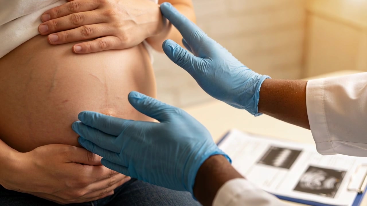 Un medico con camice e guanti entra, palpando la pancia di una donna incinta in clinica, mentre la mamma con una maglia bianca controlla il bambino tramite le stampe ecografiche.