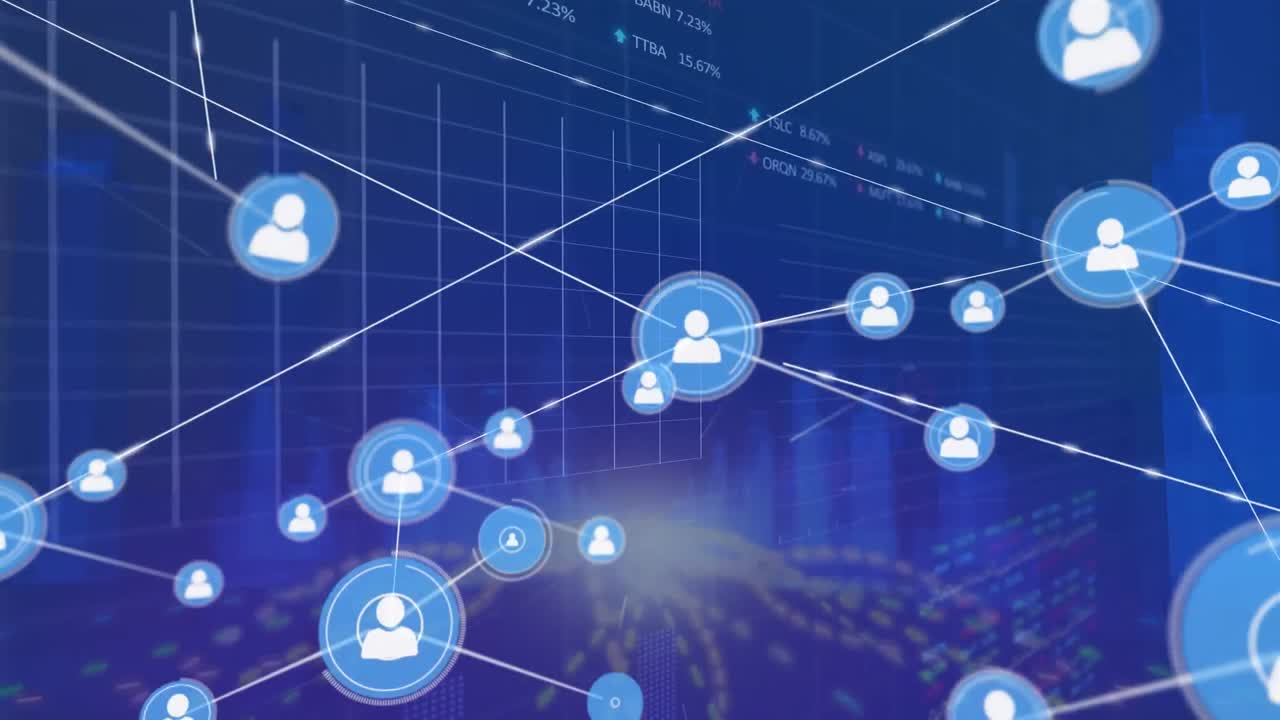 Animation of network of connections with icons over data processing on black background