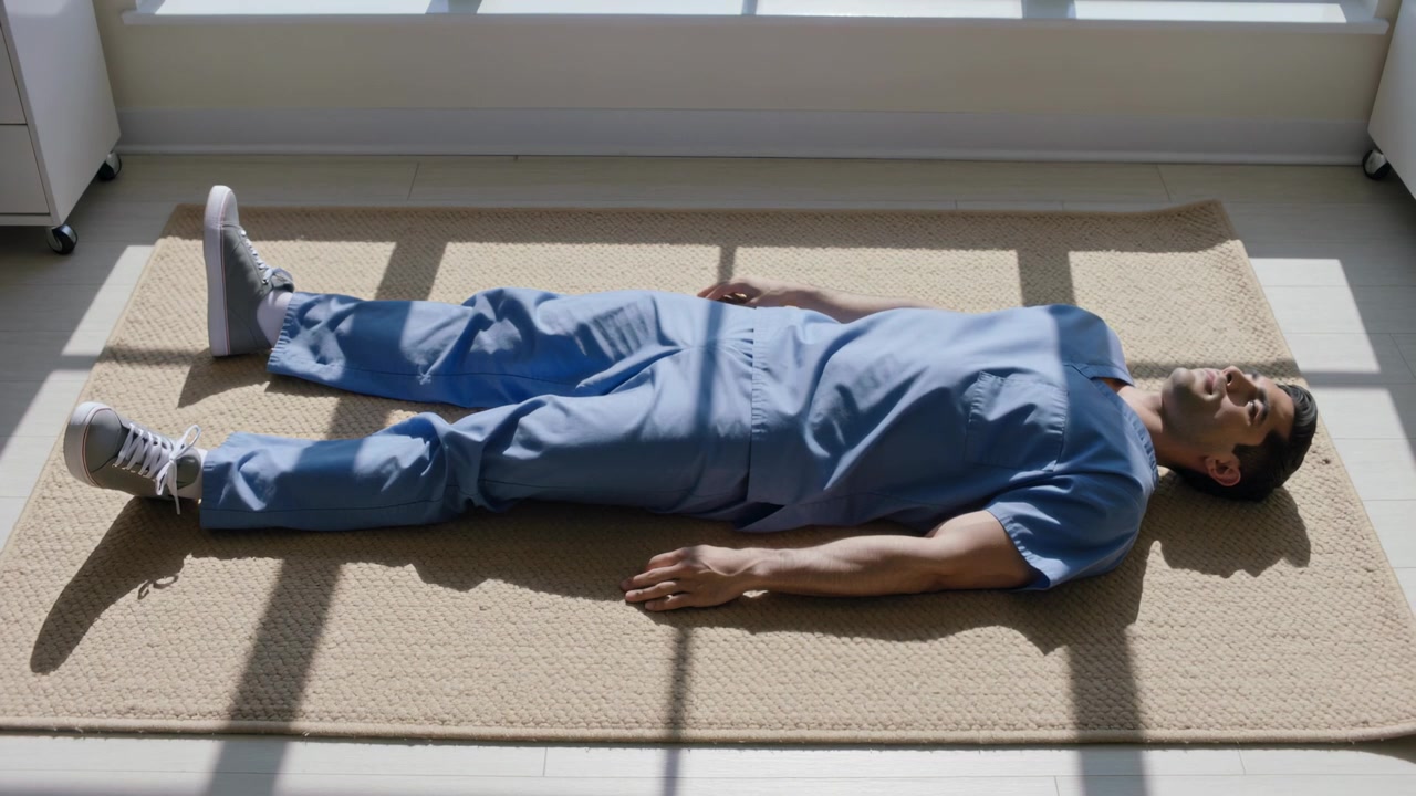 Ein liegender erwachsener Mann in blauer OP-Kleidung und Turnschuhen atmet auf einem beigen Teppich und ruht im Sonnenlicht des Fensters.