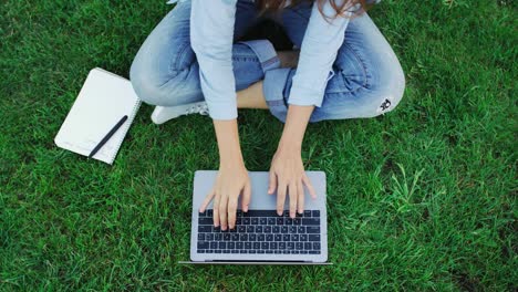 Top-view-woman-typing-on-notebook-keyboard-while-working-on-green-grass-in-park