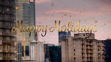 animation of happy holidays text with orange spots falling over cityscape background