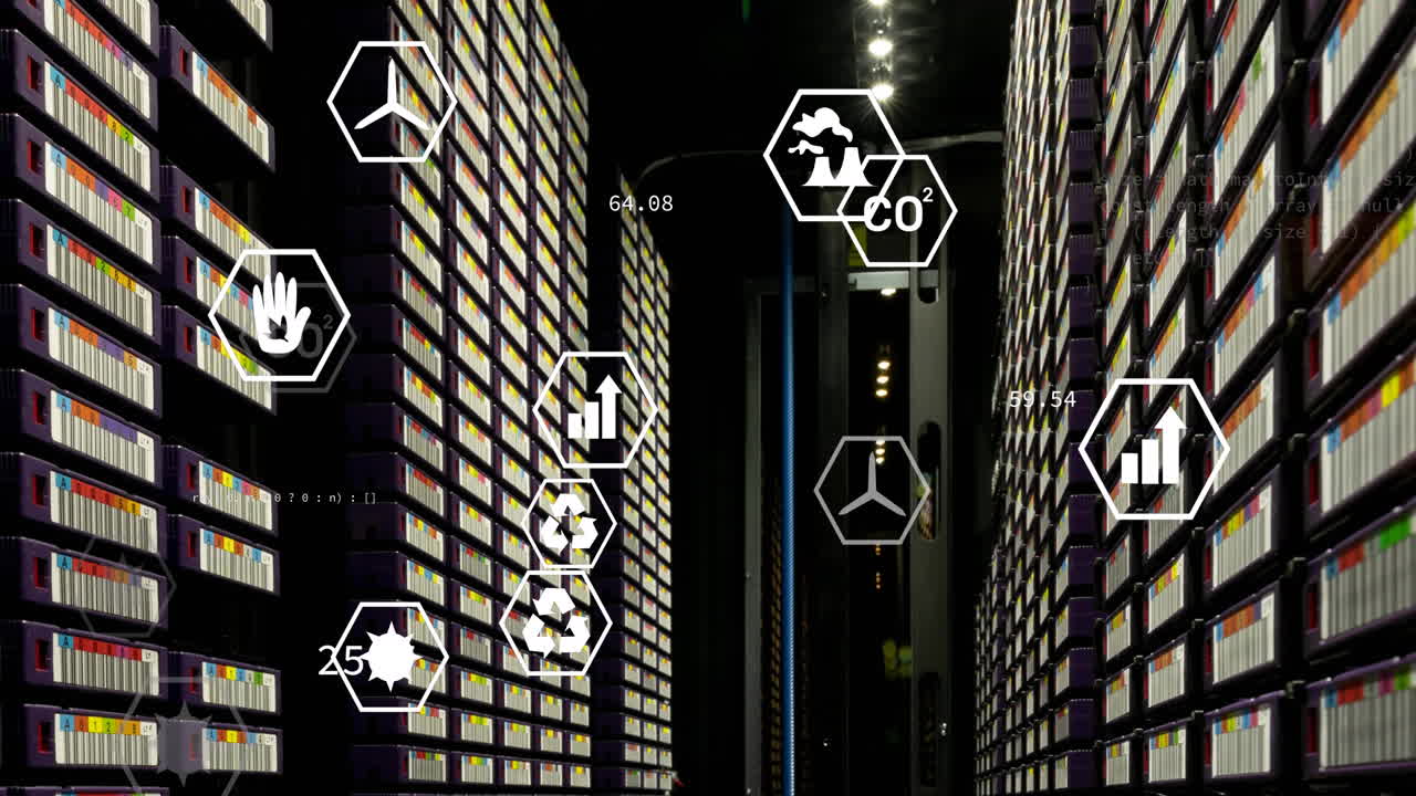 animación de iconos de tecnología verde que se mueven sobre sistemas de servidores de datos