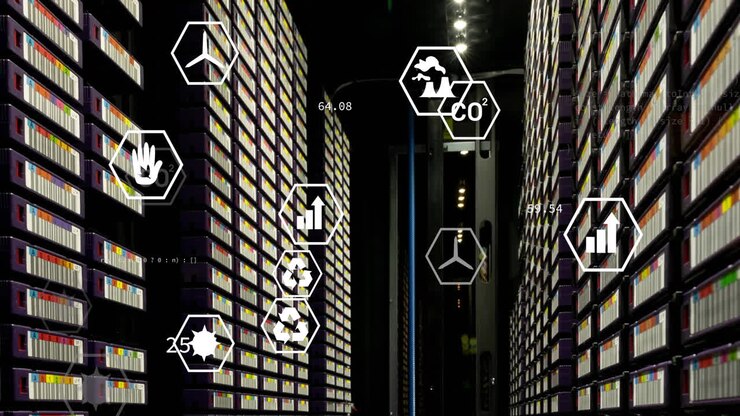 Animation of green technology icons moving over data server systems