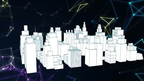 Animation-of-network-of-connections-over-3d-cityscape-drawing