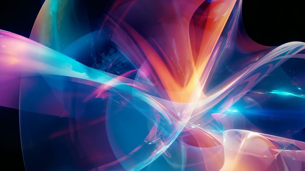 Glowing energy core emerging in dark void, translucent ribbons unfurling, converging, fading