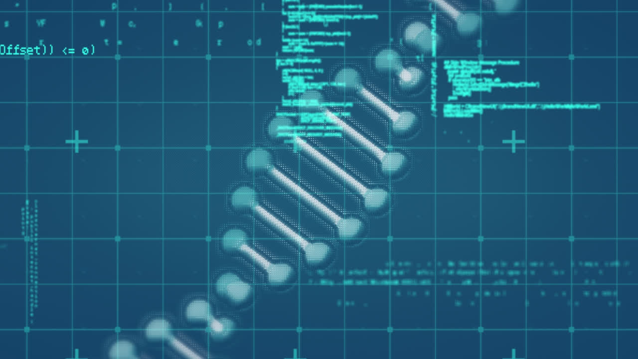 Animation of dna over data processing on navy background