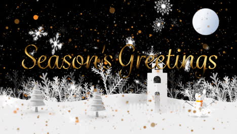 snowflakes falling over seasons greetings text against winter landscape