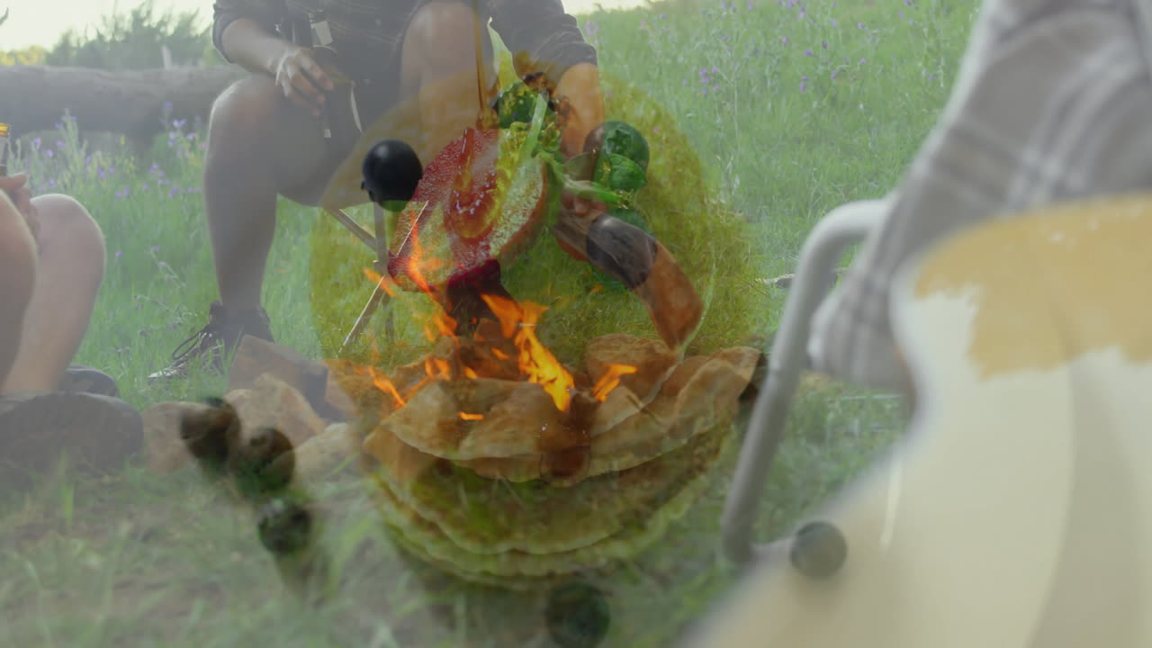 Cooking tortillas with fresh vegetables over campfire in outdoor animation setting
