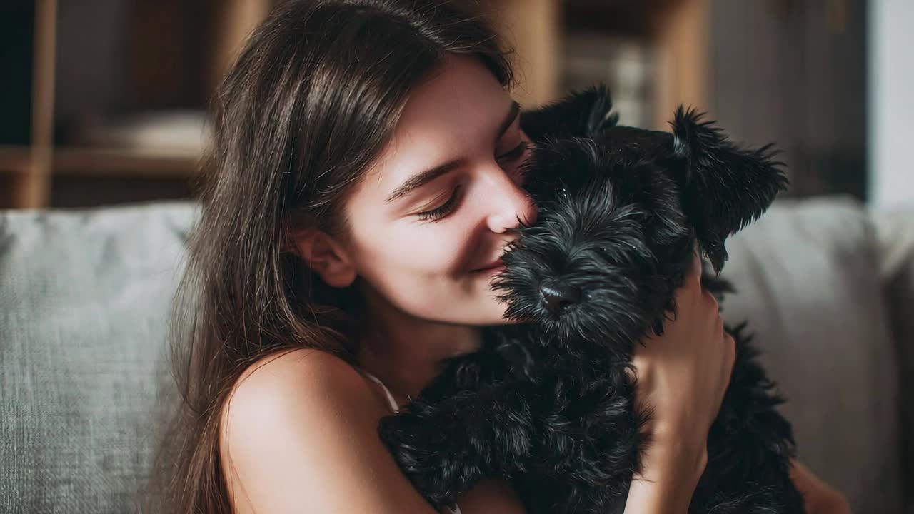Woman hugs small black dog while relaxing at home in the evening