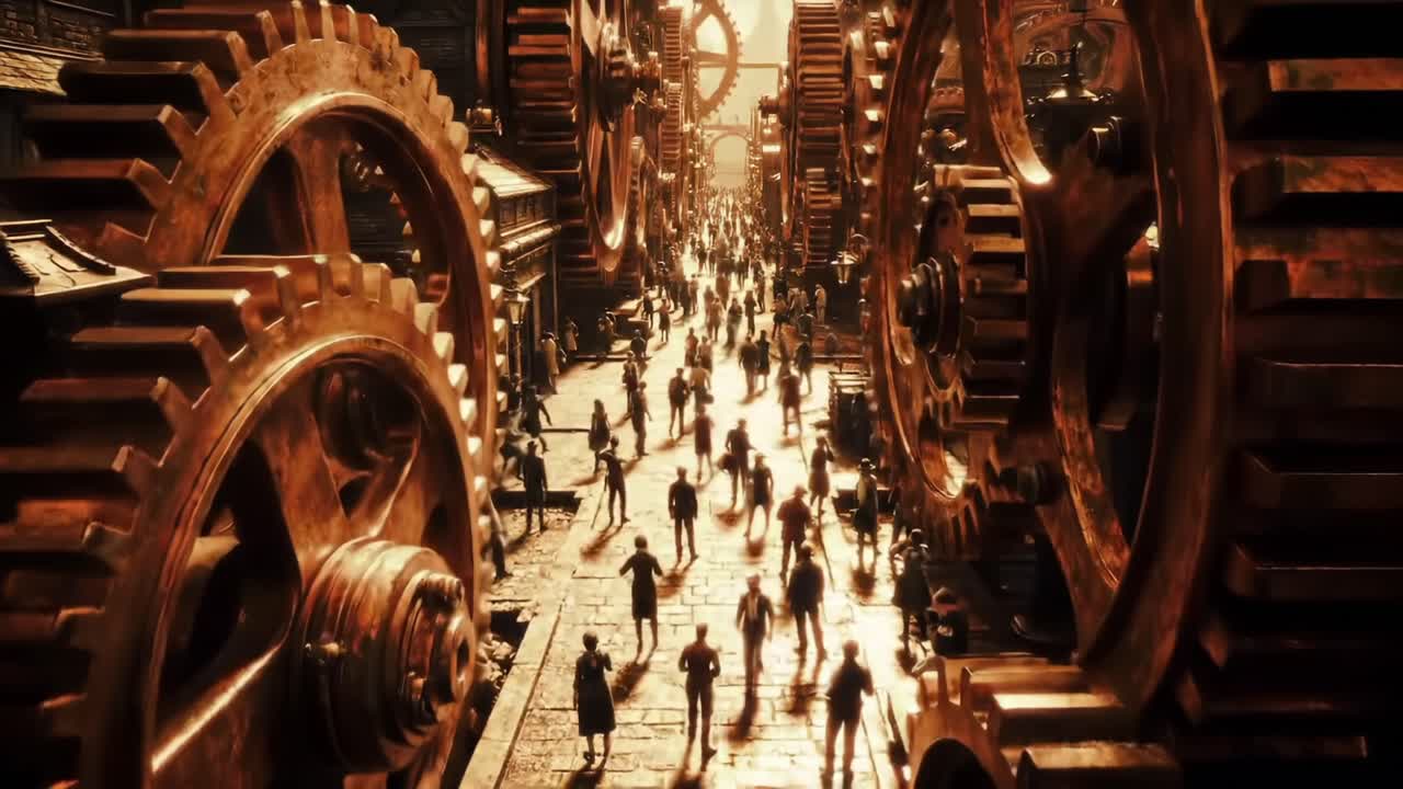A Mesmerizing Urban Landscape Filled with Massive Gears and Silhouetted Figures Moving Through an Industrial Dreamscape of Light and Shadow