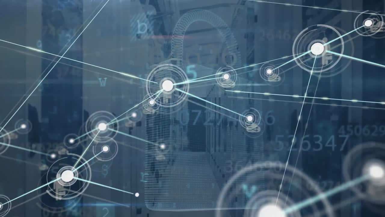 Animation of network of connections with icons and data processing over computer servers