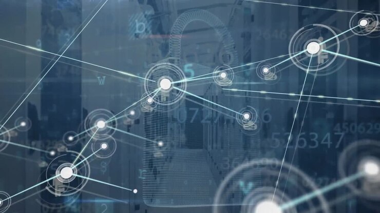Animation of network of connections with icons and data processing over computer servers