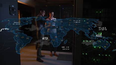 animation of data processing over diverse workers in server room