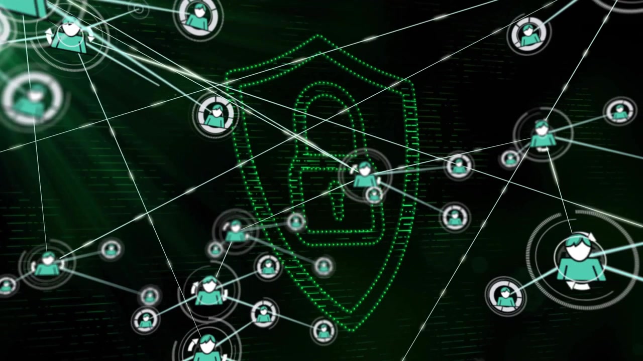 Central shield being highlighted while protecting user nodes, using flat design and code pattern