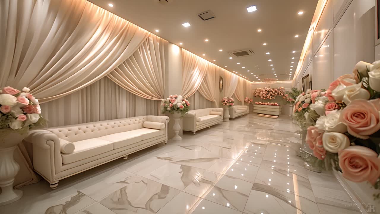 Elegant wedding or event reception hall decorated with sofas and floral arrangements