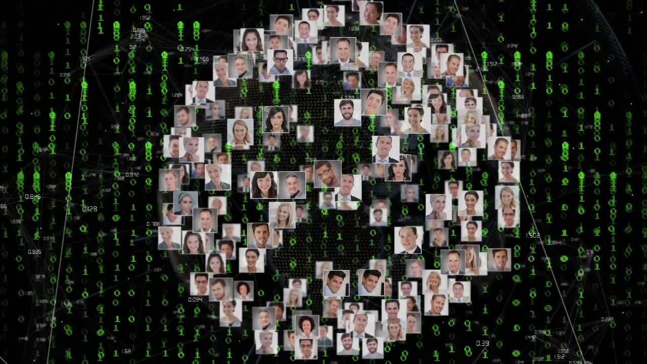 animación de procesamiento de datos y diversos iconos de personas de negocios en fondo negro.