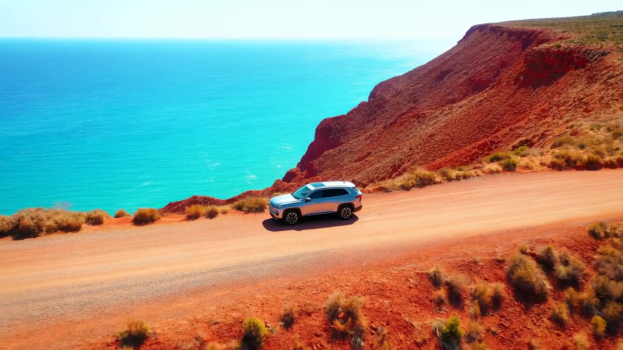 Una vista elevata segue un SUV bianco che si muove costantemente lungo una strada costiera polverosa, con acqua turchese che riempie un lato dell'inquadratura e scogliere rosse stratificate che si ergono accanto al percorso.