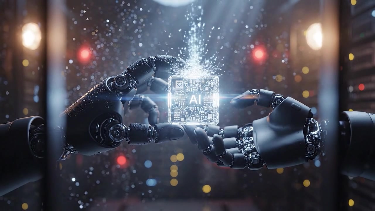 Una mano robotica avanzata che tiene un chip AI in un ambiente futuristico illuminato da luci brillanti, mostrando l'integrazione di tecnologia e intelligenza artificiale