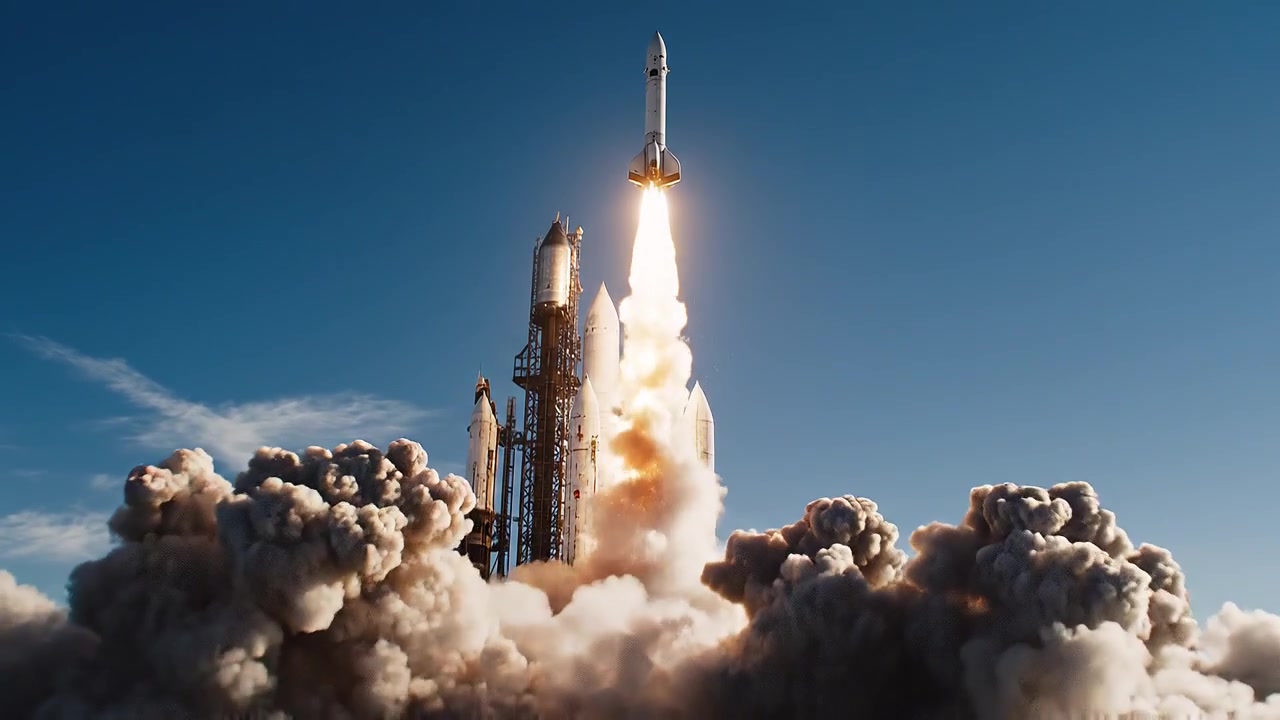 Space Rocket Launching Into Clear Blue Sky With Massive Fire