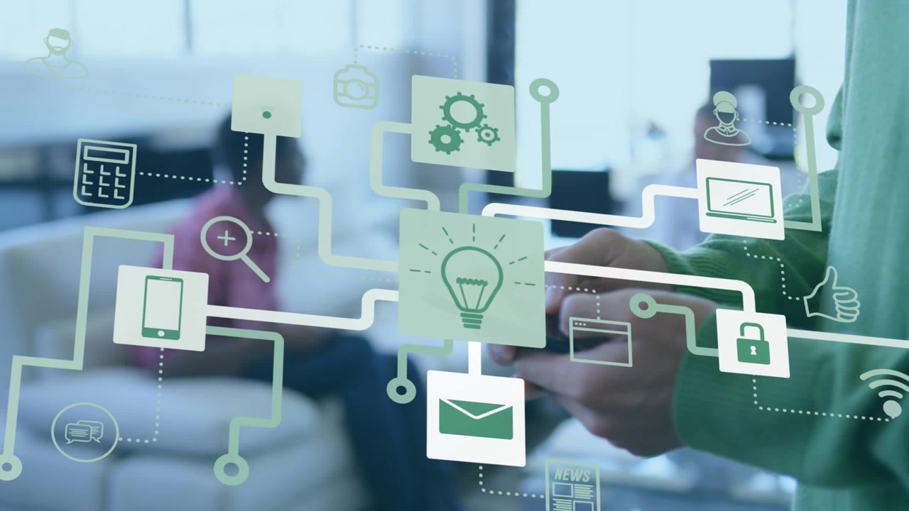 Animation of network of connections with icons over businessman using smartphone
