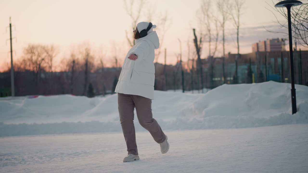 Youthful woman dancing around on snow covered path in park wearing white puffer coat, beanie and headphones under winter sunset glow surrounded by bare trees and lamp posts conveying joyful energy