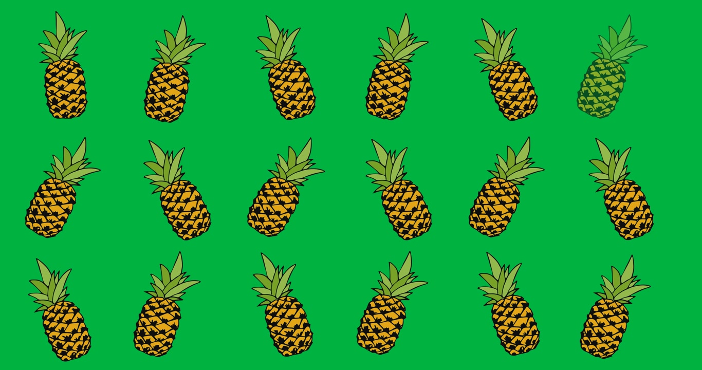 Digital animation of multiple pineapple icons against black background