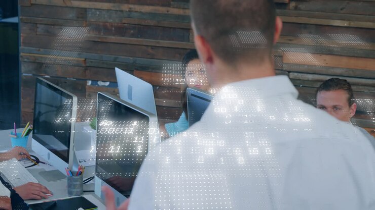 Animation of binary coding data processing over diverse business people in office