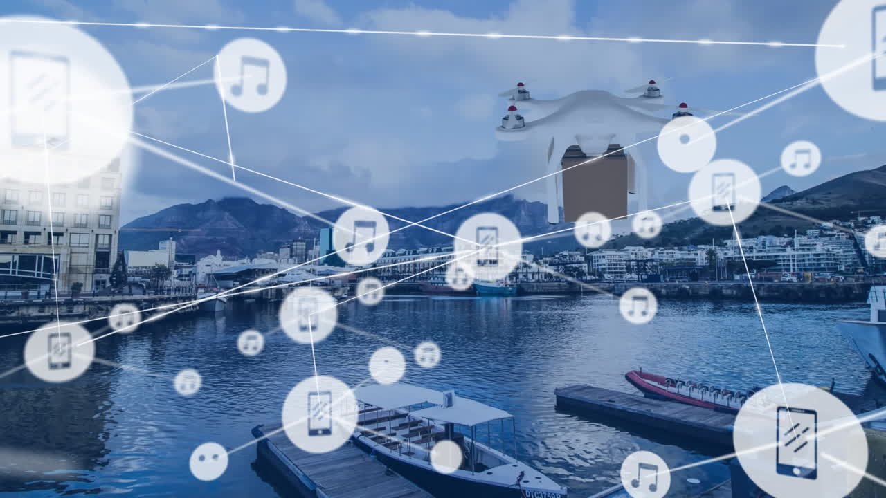 포트 및 드론에 대한 아이콘으로 연결 네트워크의 애니메이션