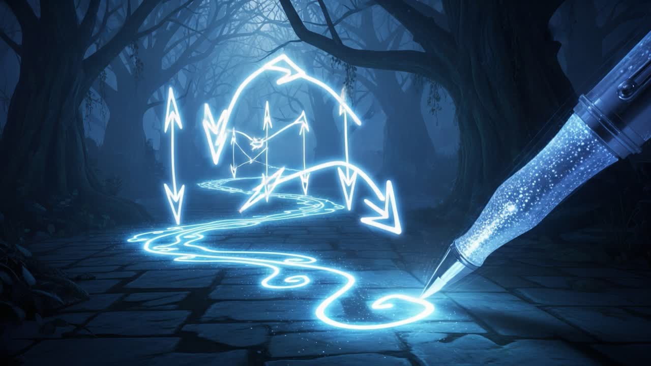 In a mystical forest, a glowing pen creates enchanted symbols and arrows on a cobblestone path, revealing a magical journey through the shadows of nature