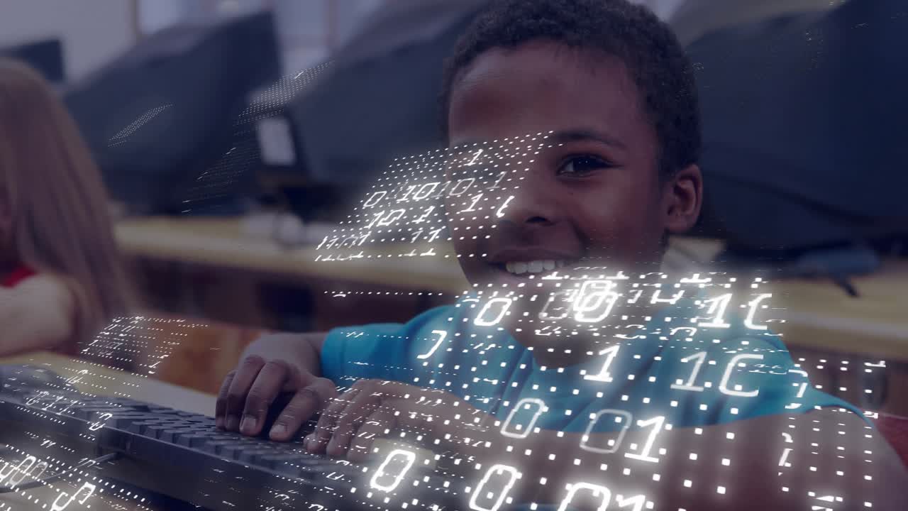 Studerende, der skriver på computertastaturer i en teknologilaboratorium, med et flydende binært kodeoverlejring