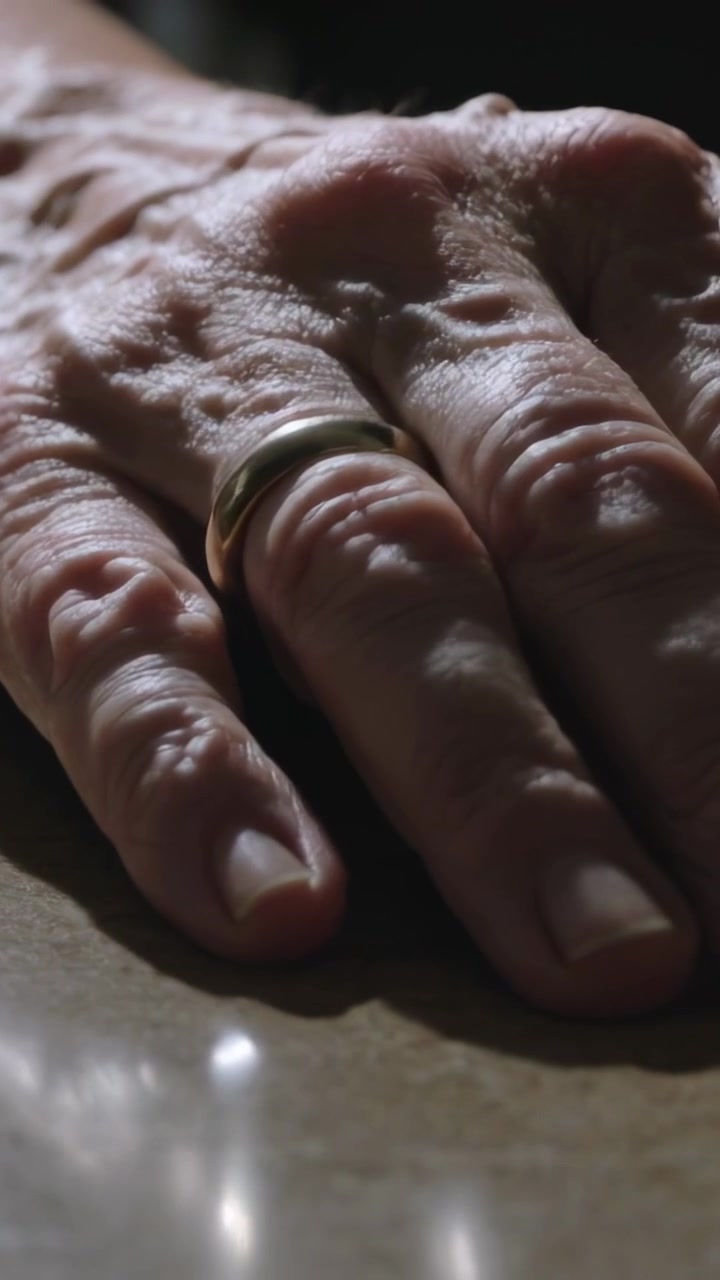 Video verticale: Messa a fuoco variabile che enfatizza la mano di un anziano che appoggia le dita sul tavolo, con la fede nuziale.