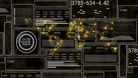 data processing and network connections animation over various numerical and graphical interfaces