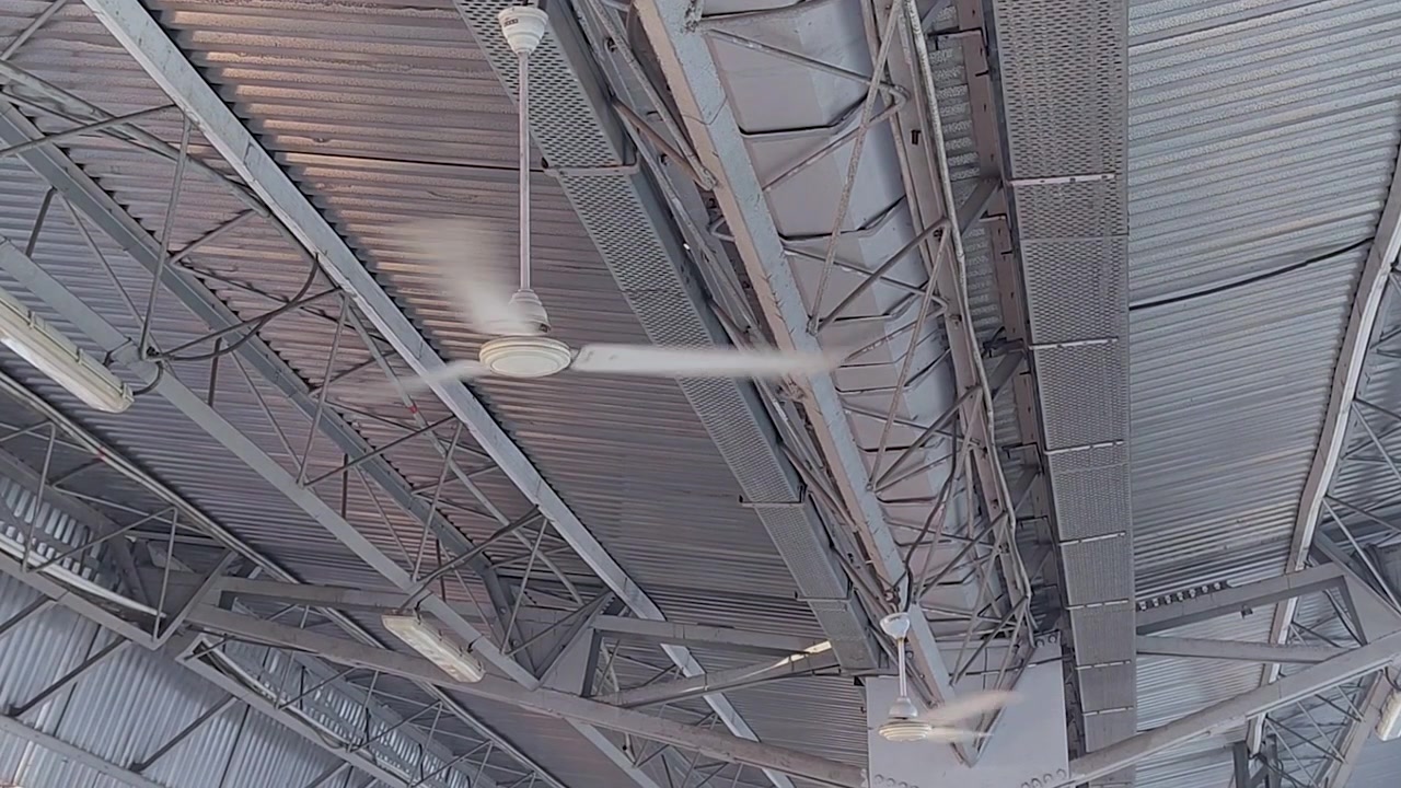 Ceiling fans spinning under metal roof structure. Ideal for infrastructure, public spaces, heat relief, and industrial interior visuals.