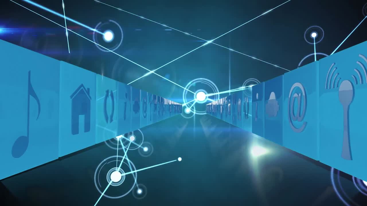 블루 배경에 있는 미디어 아이콘과 연결 네트워크의 애니메이션