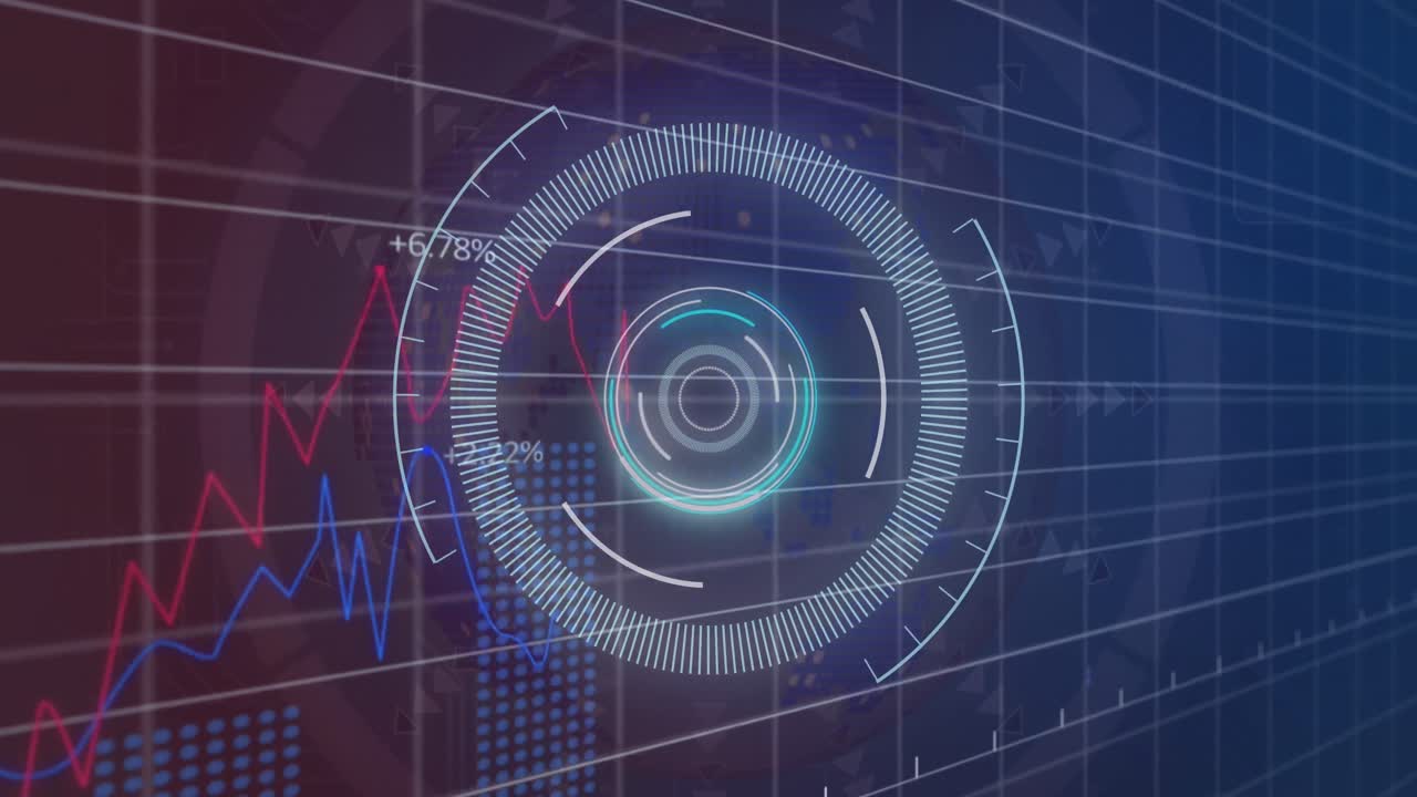 animación del escáner redondo y el procesamiento de datos estadísticos contra un fondo de gradiente púrpura
