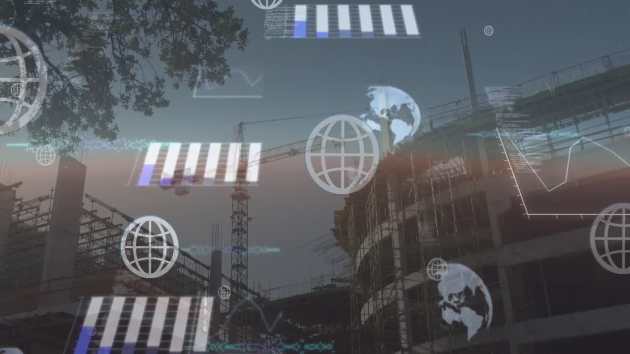 animación de globos y procesamiento de datos en gráficos y gráficos sobre el sitio de construcción de la ciudad