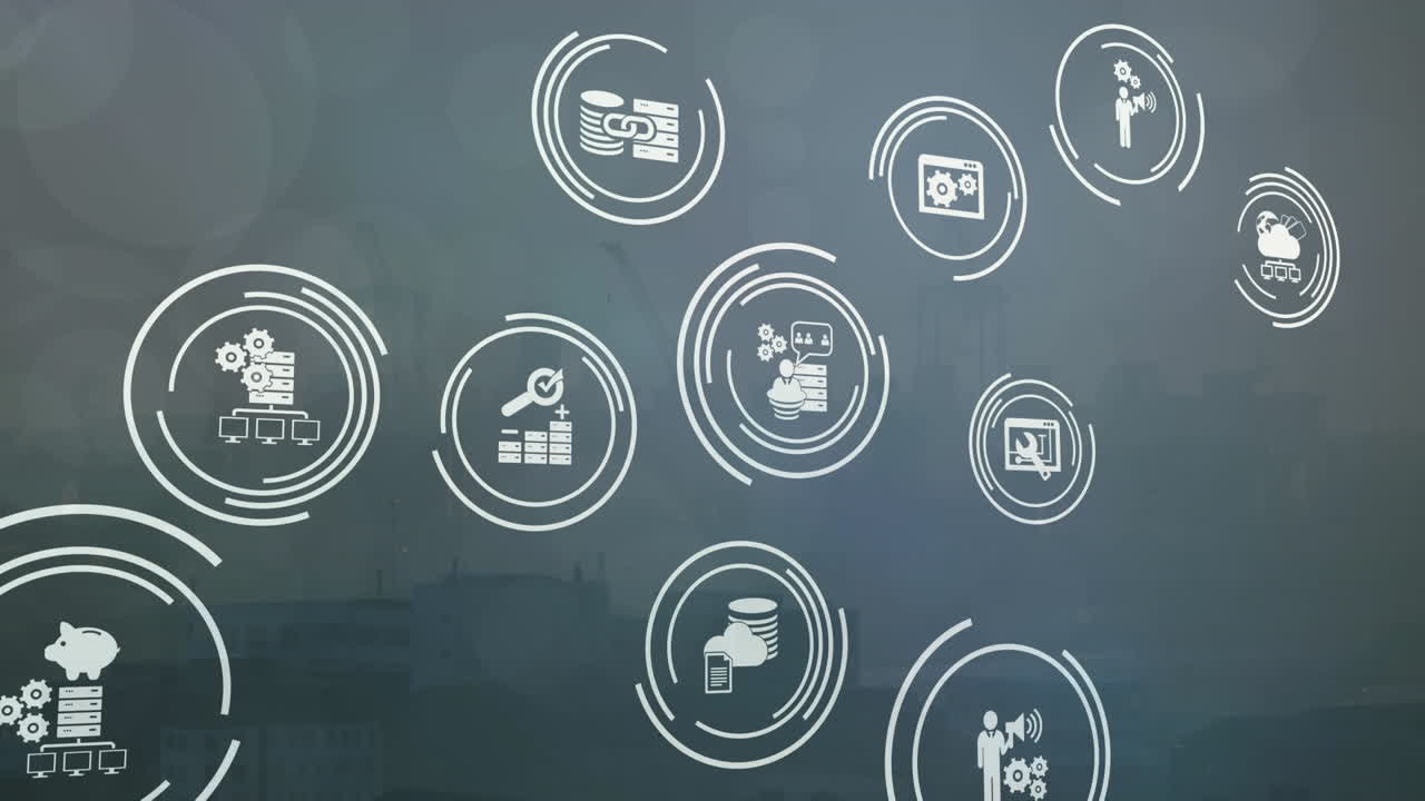 animación de círculos e iconos comerciales sobre el paisaje urbano