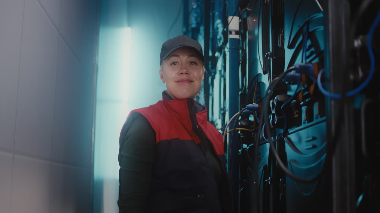 Technician working on LED display in server room