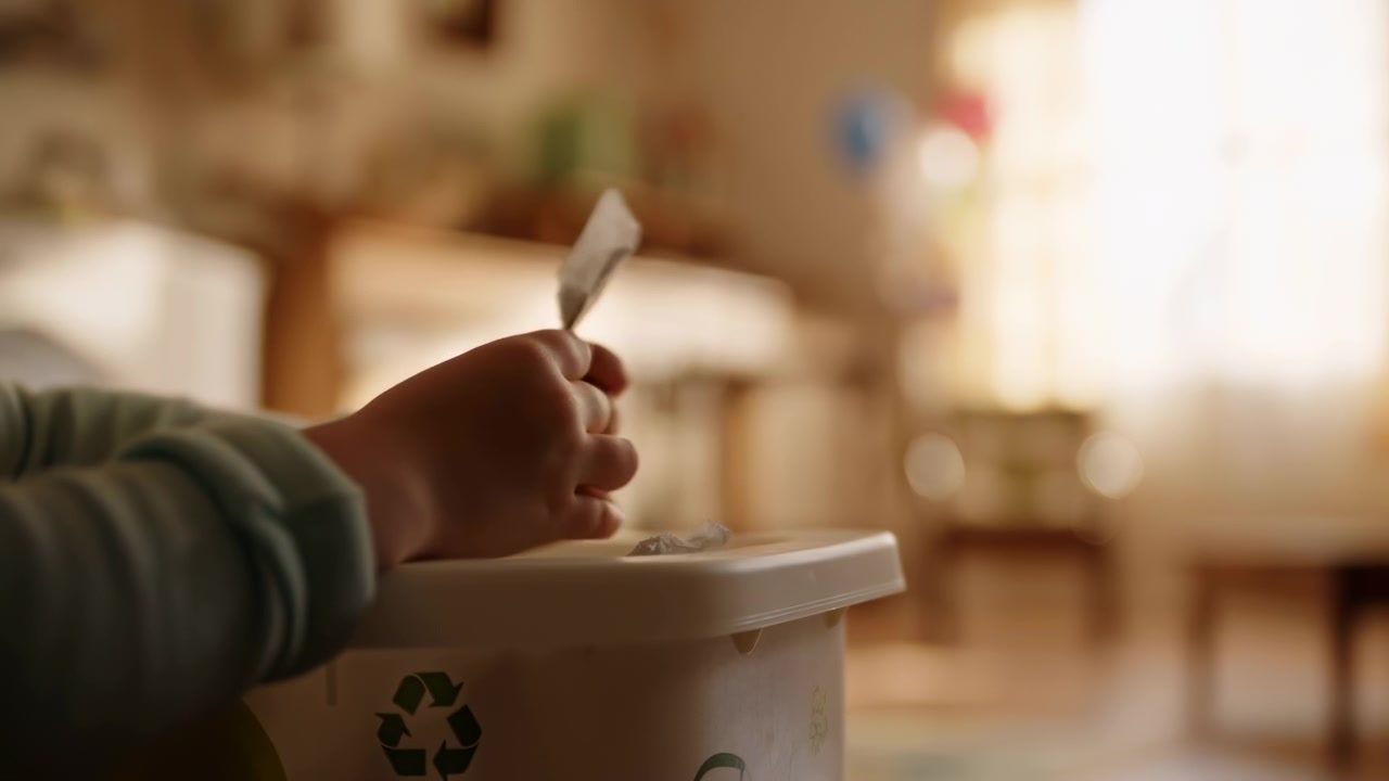 Close view of a person’s hand sorting paper waste into a recycling bin in a softly lit indoor room, with a bright window blurred in the background