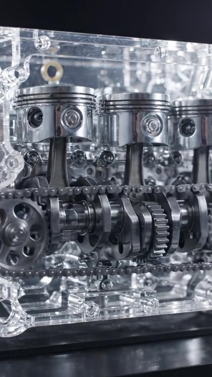 Detailed Close-Up View of a Transparent Engine Block Showcasing Precision Mechanical Components Including Pistons and Gears in Motion