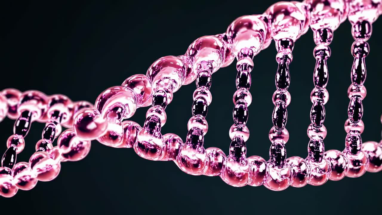 Close-up video of a pink, glossy DNA strand on a dark background, showcasing a 3D molecular concept