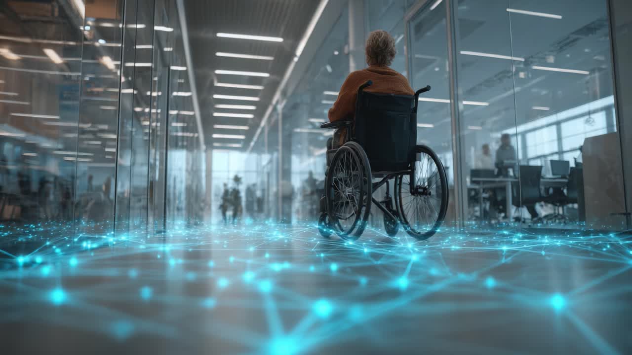 A Journey Through Innovation: A Person in a Wheelchair Navigates a Modern Office Space Enhanced by Futuristic Digital Connectivity and Technology
