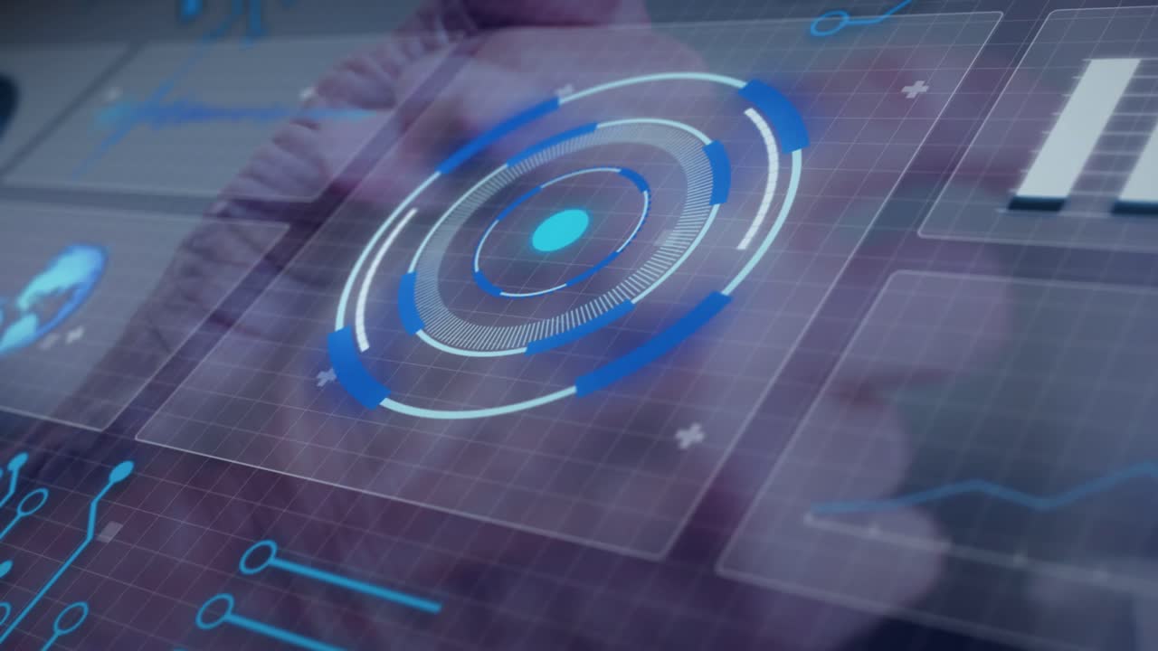 Operator hand hovering then tapping circular HUD, brightening rings and pulsing to complete input