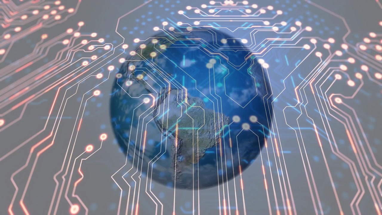 Animation starting 3D globe rotating, circuit nodes glowing and pulsing illustrating data network