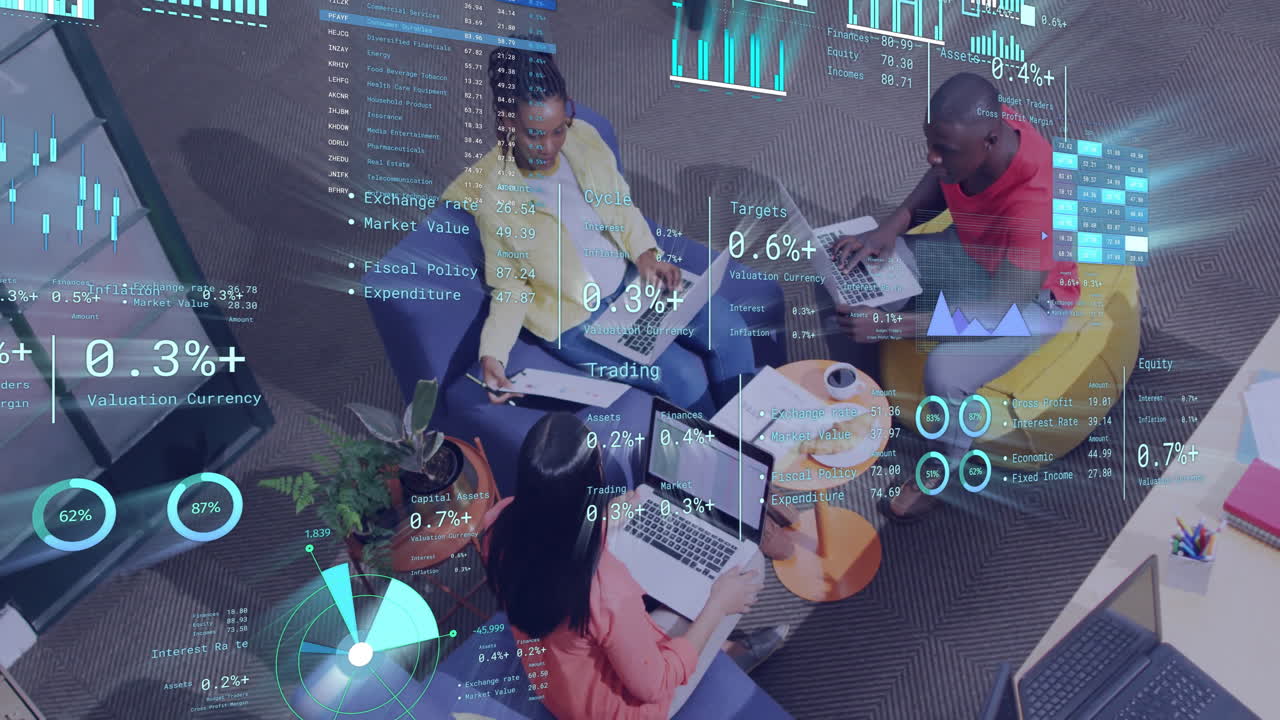 Animation of diagrams and data processing over diverse colleagues discussing work in office