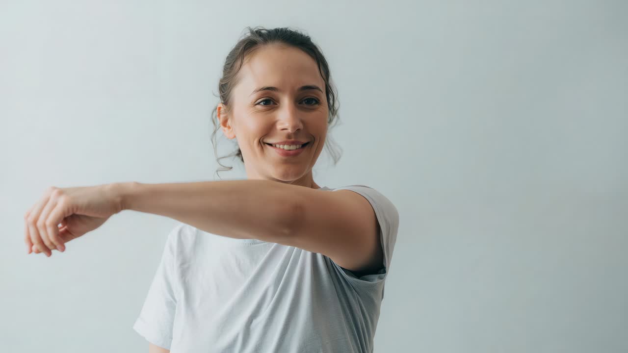 Mujer barriendo con camiseta de manga corta clara que extiende el brazo derecho por el pecho junto a una pared pálida para estirarse