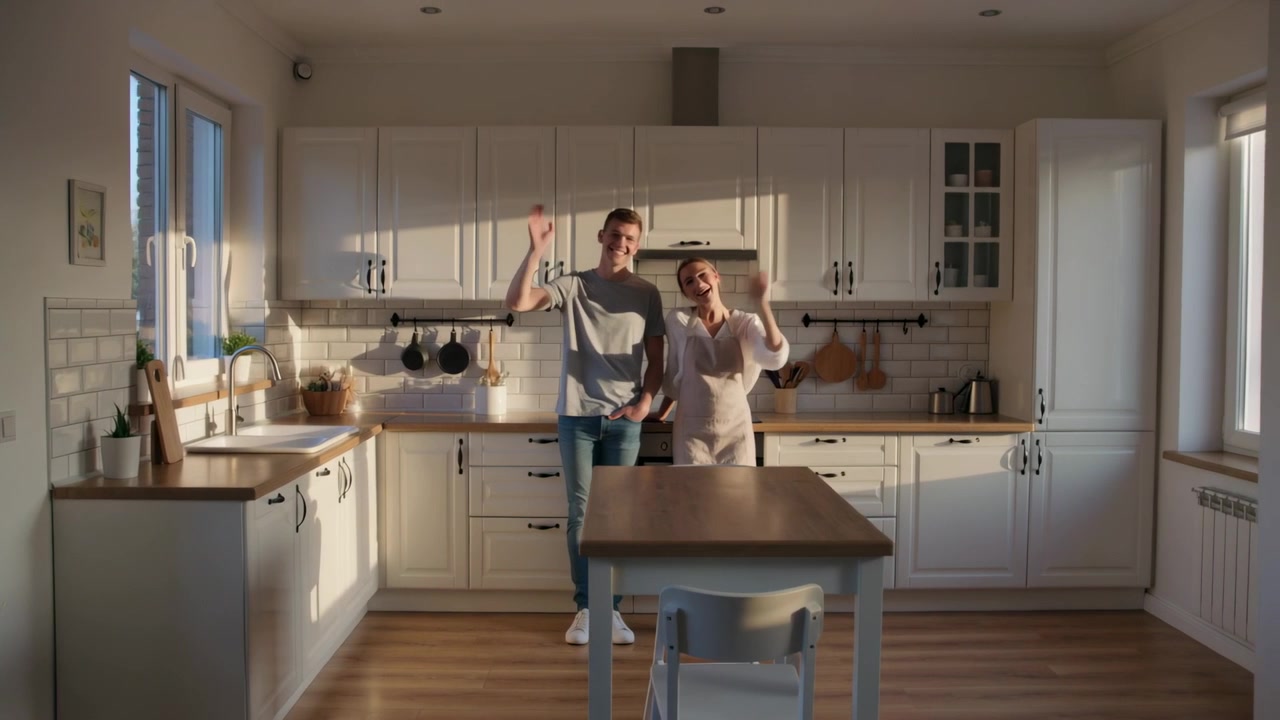 Coppia sorridente in cucina, la donna con il grembiule risponde alla telecamera alzando la mano e salutando, mentre tiene le chiavi.