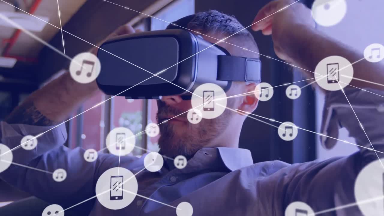 Animation of network of connections with icons over biracial businessman using vr headset